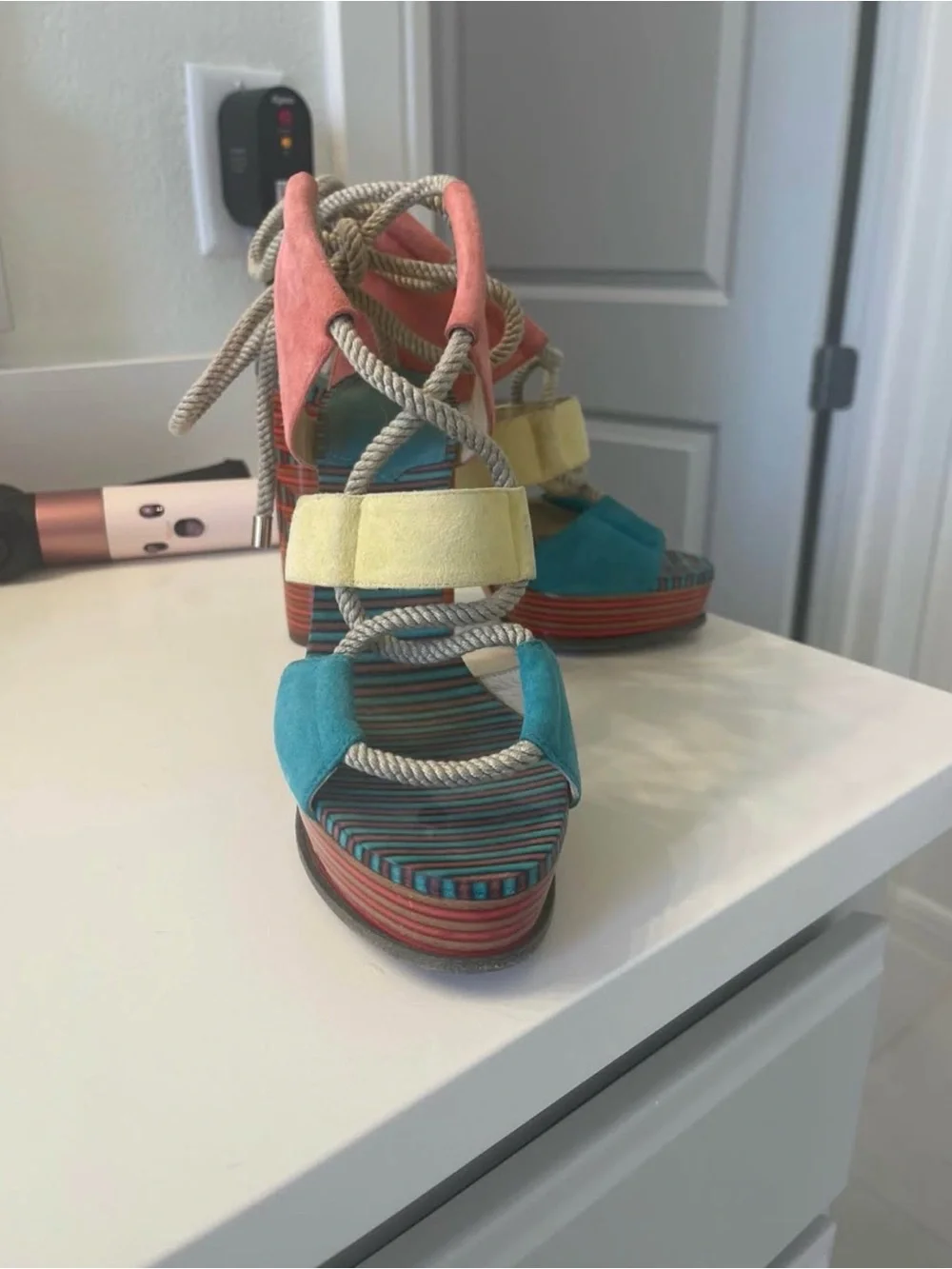 Jimmy Choo Multicolor Suede Platform Heel in Coral, Teal & Yellow